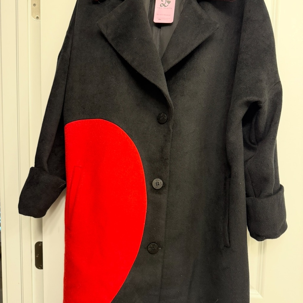 Elegant Wool Black and Red Women's Trench Coat